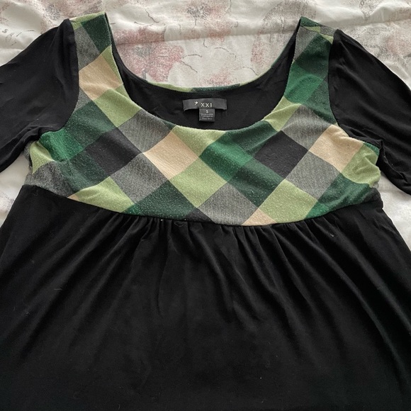 Vintage Forever 21 Y2K Black tunic with green plaid detailing size S Made in USA - Picture 6 of 14